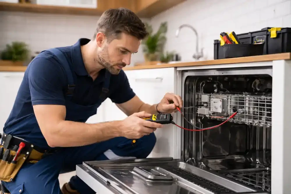 Technician testing a dishwasher with a multimeter